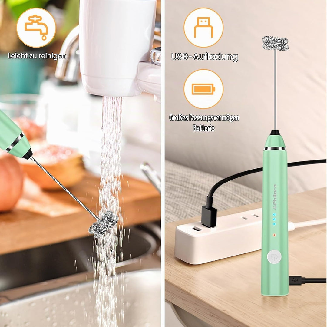 Philorn Milchaufschäumer Stab, Milchaufschäumer Elektrisch Stab Hand Held, 3-Gang USB Aufladbar Aufs