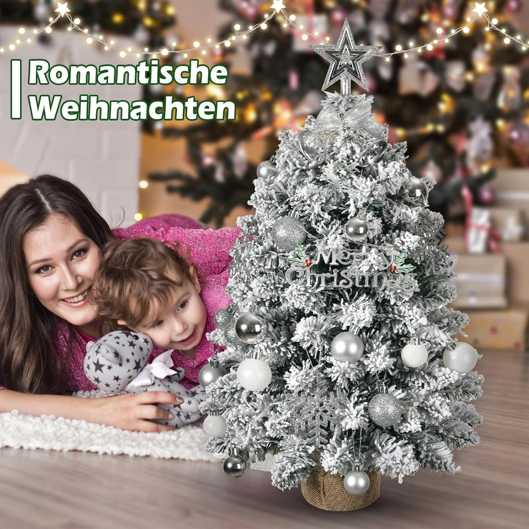 60cm Kleiner Weihnachtsbaum mit Beleuchtung, Silber Weiss Künstlicher Weihnachtsbaum Klein mit LED B