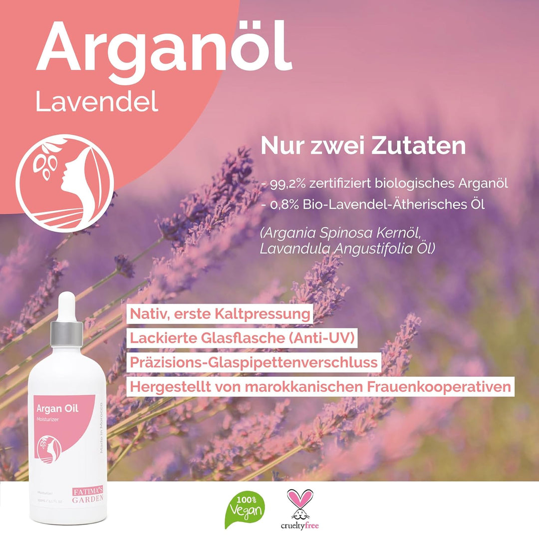 Fatima's Garden Argan- & Lavendelöl - Beruhigende Feuchtigkeitscreme, 100ml Arganöl mit Lavendel 100