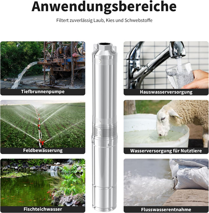 FOTING 2200 W Tiefbrunnenpumpe 3 HP Brunnenpumpe 163 L/min Tauchpumpe max. d10.2x13.72 cm, d10.2x13.