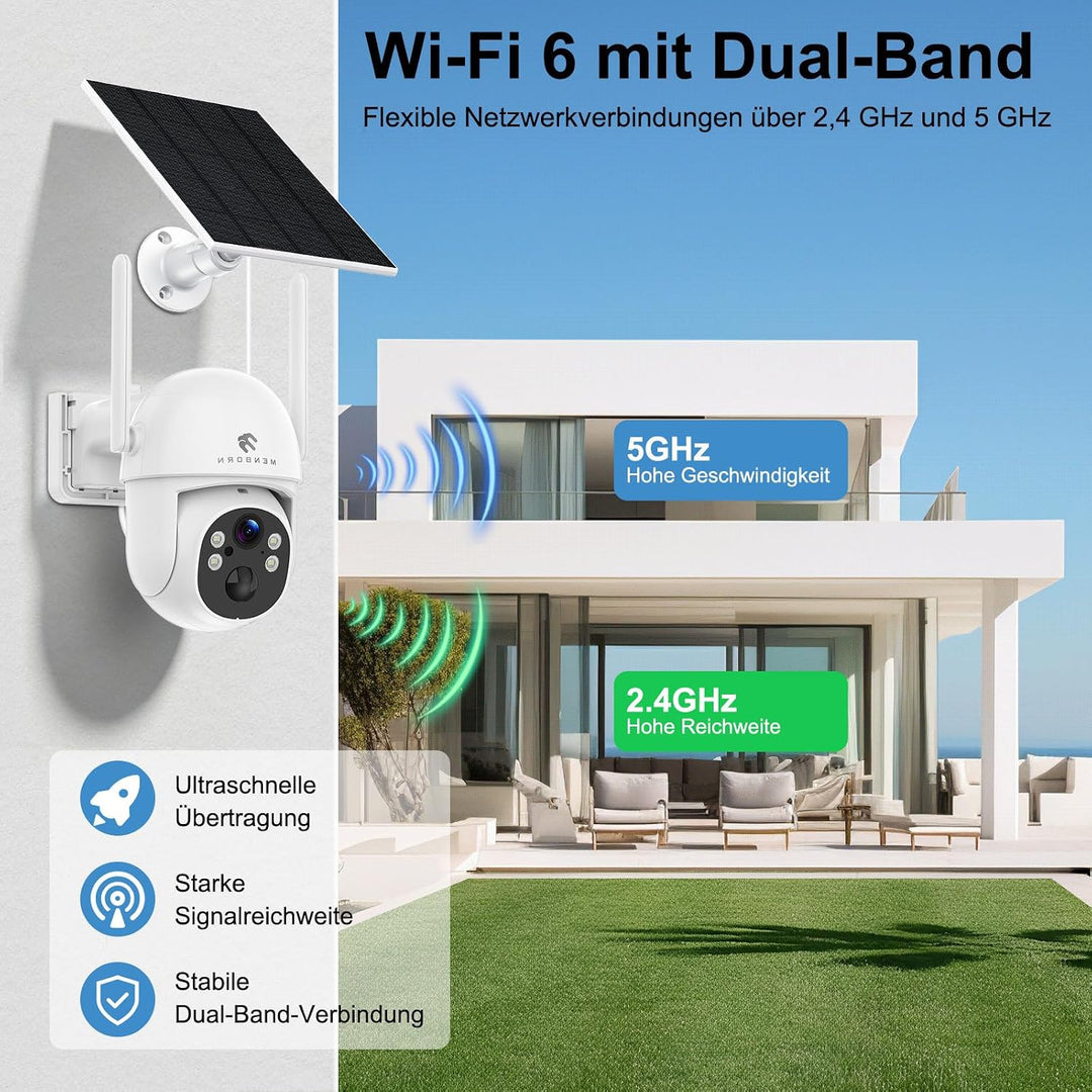 2K Kabellose Überwachungskamera Aussen Solar WLAN, Auto-Tracking, WiFi 6 | 2,4/5 GHz, PTZ 265°, PIR-
