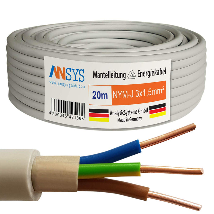 TechMech 20m NYM-J 3x1,5 mm² Mantelleitung Feuchtraumkabel Elektrokabel Kupfer Made in Germany 20 m,