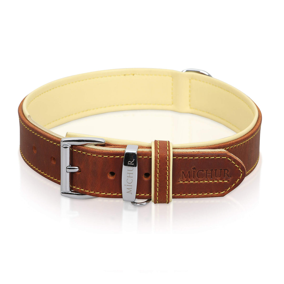 MICHUR Charly Hundehalsband Leder Braun Gelb, Lederhalsband Hund, Halsband, Leder, in verschiedenen