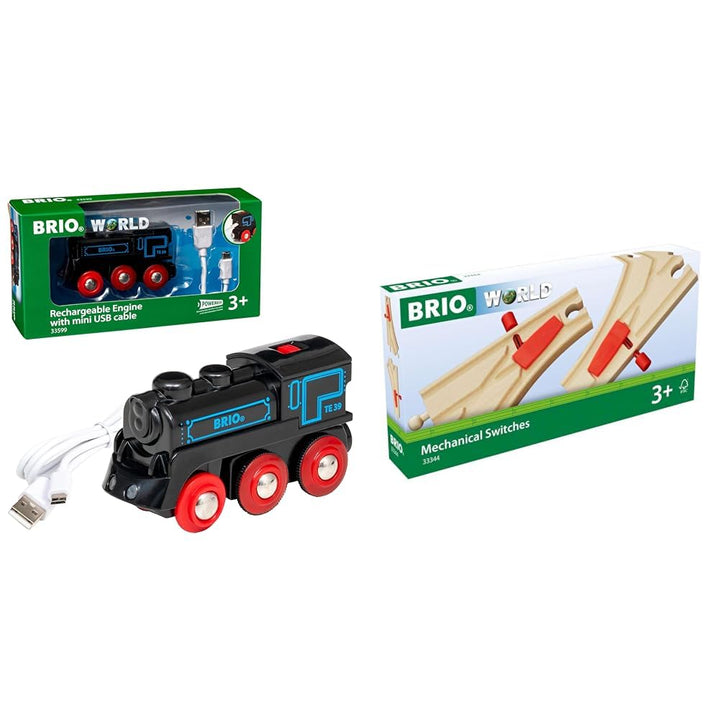 BRIO World - 33599 Akku Lok mit Mini USB & Bahn 33344 - Mechanisches Weichenpaar - Eisenbahnzubehör
