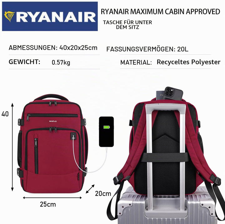 ECOHUB Rucksack 40x20x25 für Ryanair Flugzeug Reiserucksack Handgepäck Gepäck Laptop Daypacks PET-Re
