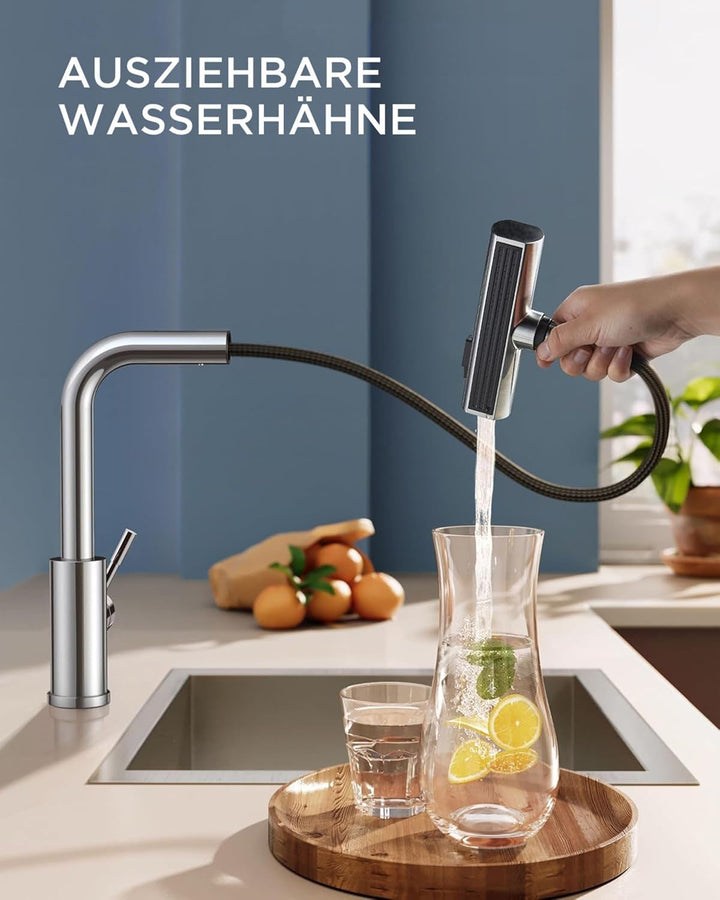 FORIOUS Küchenarmatur, Hochdruck Wasserhahn Küche Ausziehbar mit Brause, 360° Drehbar Mischbatterie