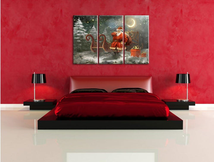 Pixxprint Weihnachtsmann mit Geschenken als Leinwandbild/Grösse: 3 Teilig (120x80 cm) / Wandbild/Kun