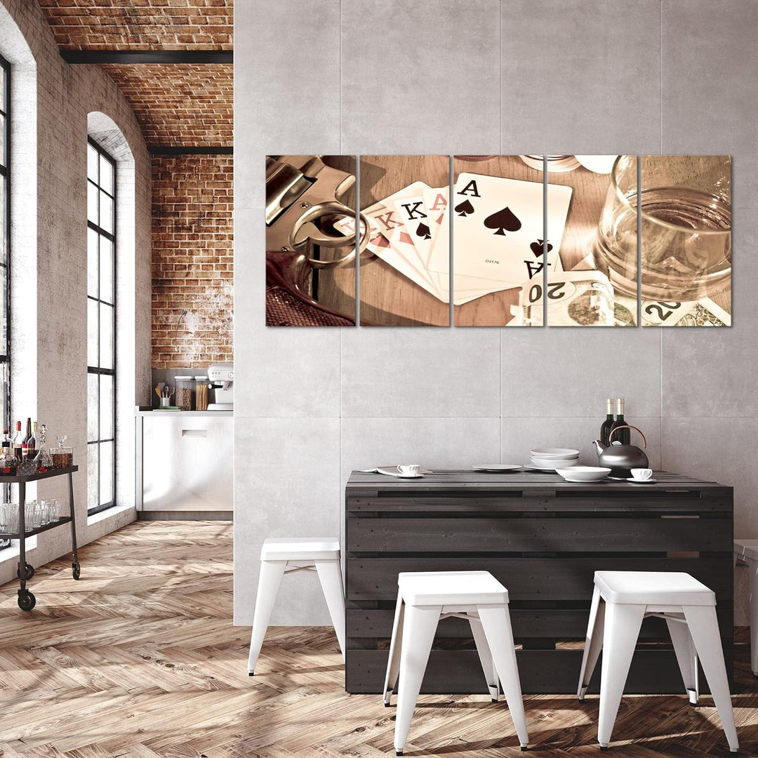 Runa Art Wandbild XXL Poker Whiskey Wohnzimmer Schlafzimmer 200 x 80 cm Braun 5 Teilig - Made in Ger