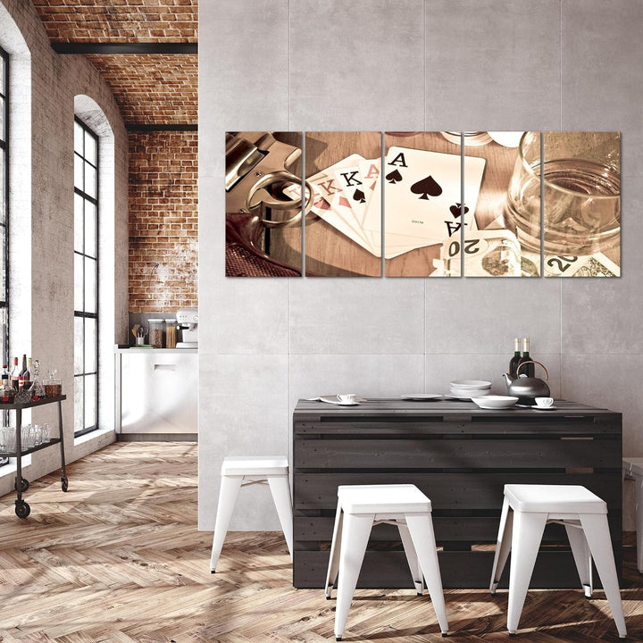Runa Art Wandbild XXL Poker Whiskey Wohnzimmer Schlafzimmer 200 x 80 cm Braun 5 Teilig - Made in Ger