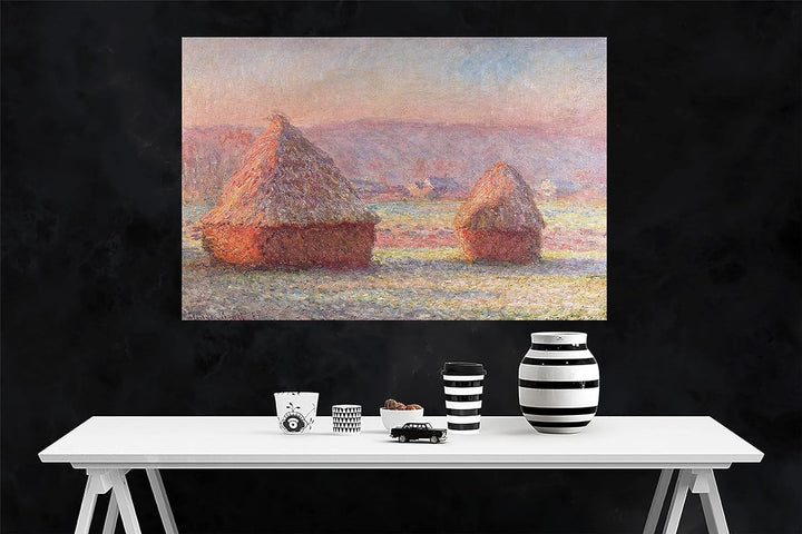 Claude Monet Leinwanddruck, Motiv Grainstacks, weisser Frost-Effekt, gespannt, gerahmt, Wandkunst, P