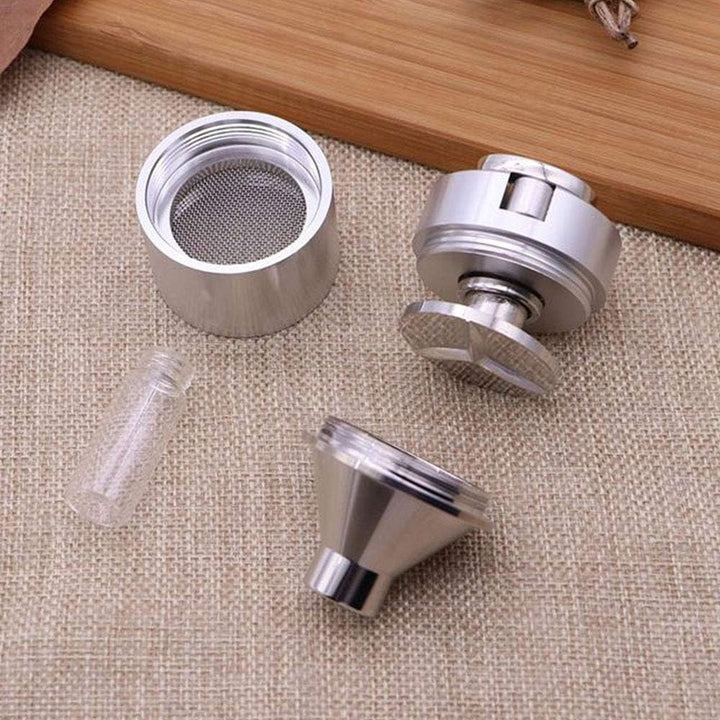 Manuelle Pulvermühle aus Aluminium mit Glasflasche und Trichter, handgekurbelte Metallmühle, geeigne