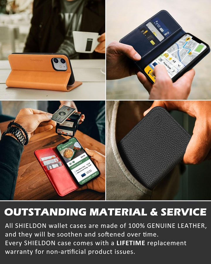 SHIELDON Hülle für iPhone 12 Pro Handyhülle [Erstklassig Echtleder] [Kartenfach] [Magnet] [Standfunk