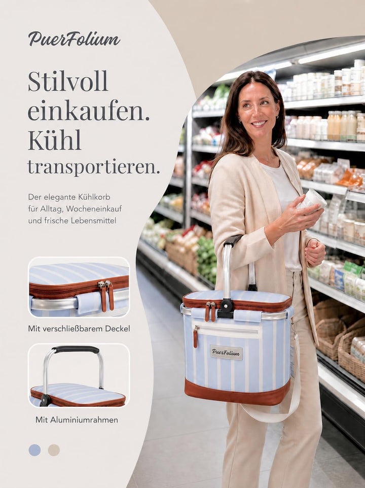 Kühltasche Einkaufskorb 20L Faltbar Isoliert Thermo mit Deckel Reissverschluss Abnehmbarer Picknickk