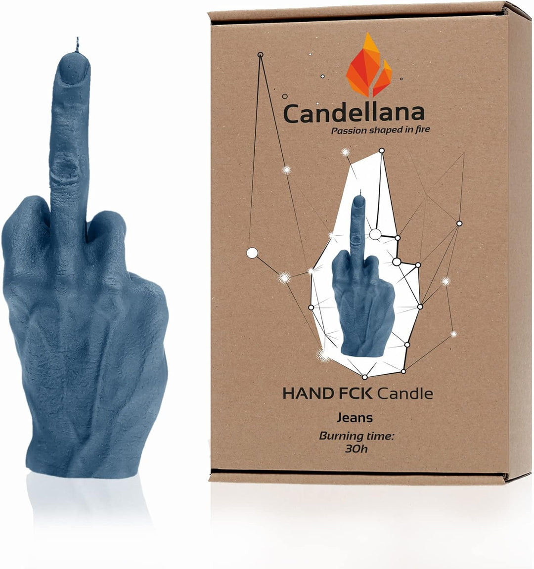 Candellana Kerze in Form eines Mittelfingers | FCK | Höhe: 20 cm | Jeans | Brennzeit 30h | Kerzengrö