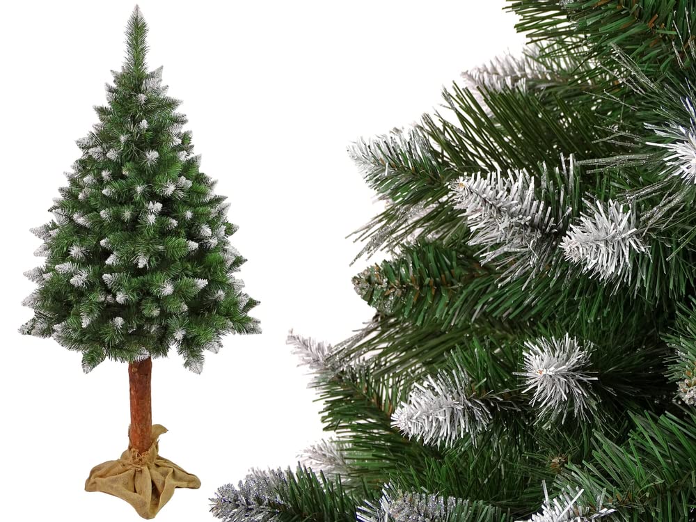 Lean Toys, Künstlicher Weihnachtsbaum auf Holzstamm, Kiefer, kompakt, glänzende frostähnliche Krista