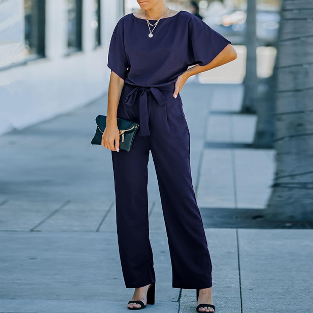 Damen Lang Jumpsuit Overall Hosenanzug Elegant Romper Kurzarm Rundhals Playsuit mit Gürtel Hosenanzu