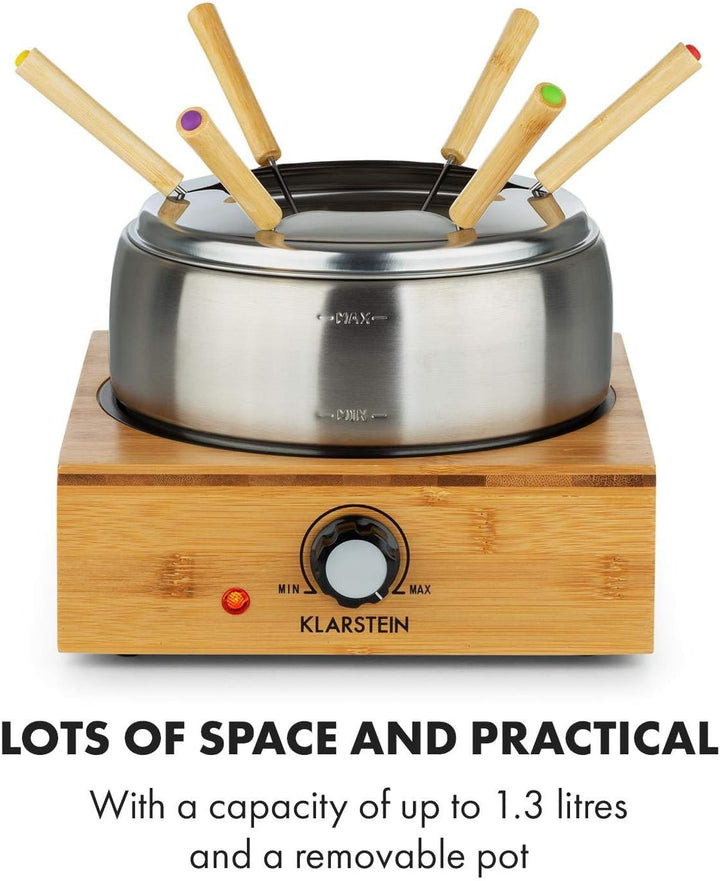 Klarstein Bambus Fondue, 800 Watt, Edelstahl-Topf, Gerätebasis aus Bambus, Füllmenge 1,3 Liter max.,