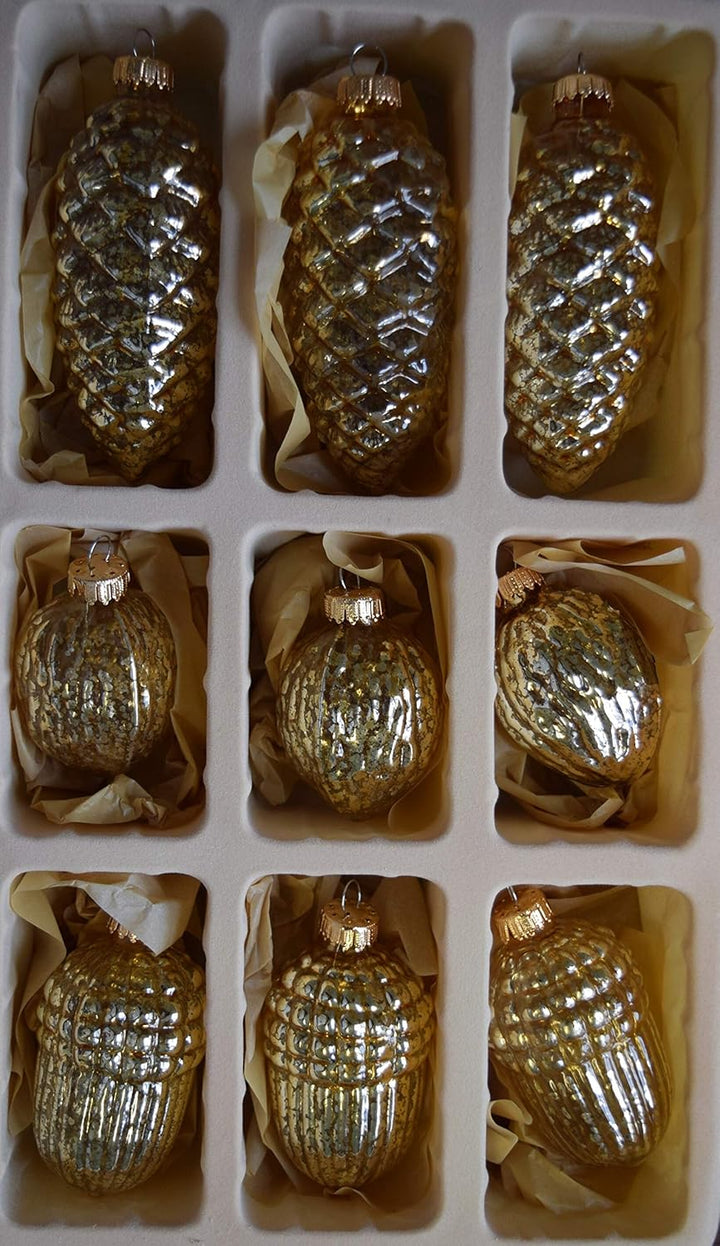 Dekohelden24 Lauschaer Christbaumschmuck - 9er Set, Zapfen - Eicheln - Walnüsse, 8 cm in Gold mit go