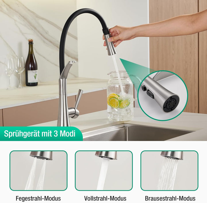 CREA Wasserhahn Küche mit 2 Funktionen Brause, Küchenarmatur mit Ausziehbarer Brause, 360° Drehbare