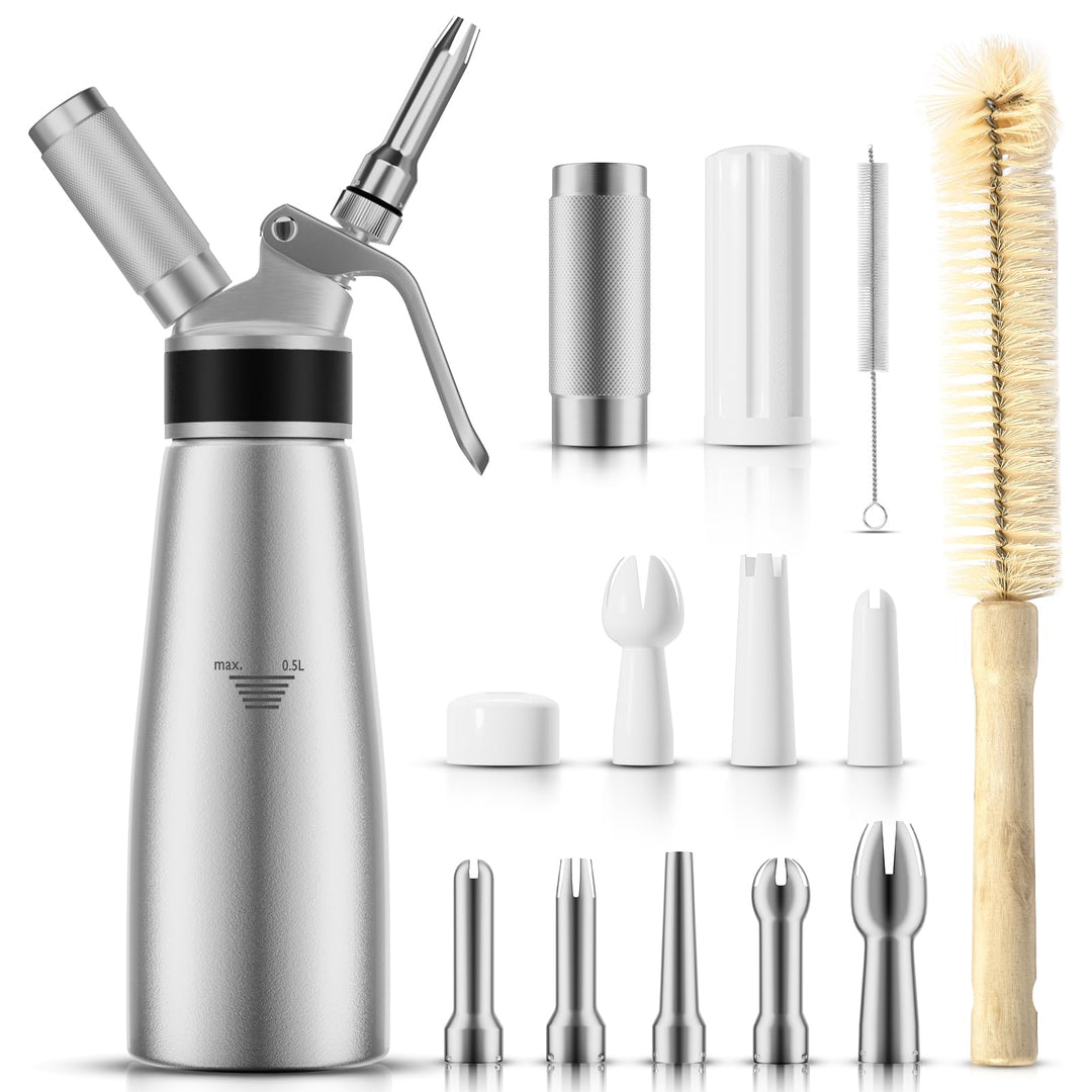 ENLOY Professioneller Aluminium-Sahne-Spender, 500 ml, Schlagsahnebereiter, Kanister mit 8 Dekoratio