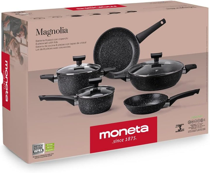 Moneta Magnolia Stone Black Kochtopfset 8-teilig, auch für Induktion. Batteria 8 pezzi Schwarz, Batt