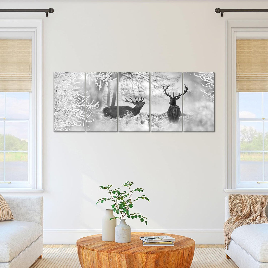 Runa Art Wandbild XXL Winter Hirsch Wohnzimmer Schlafzimmer 200 x 80 cm Schwarz Weiss 5 Teilig - Mad