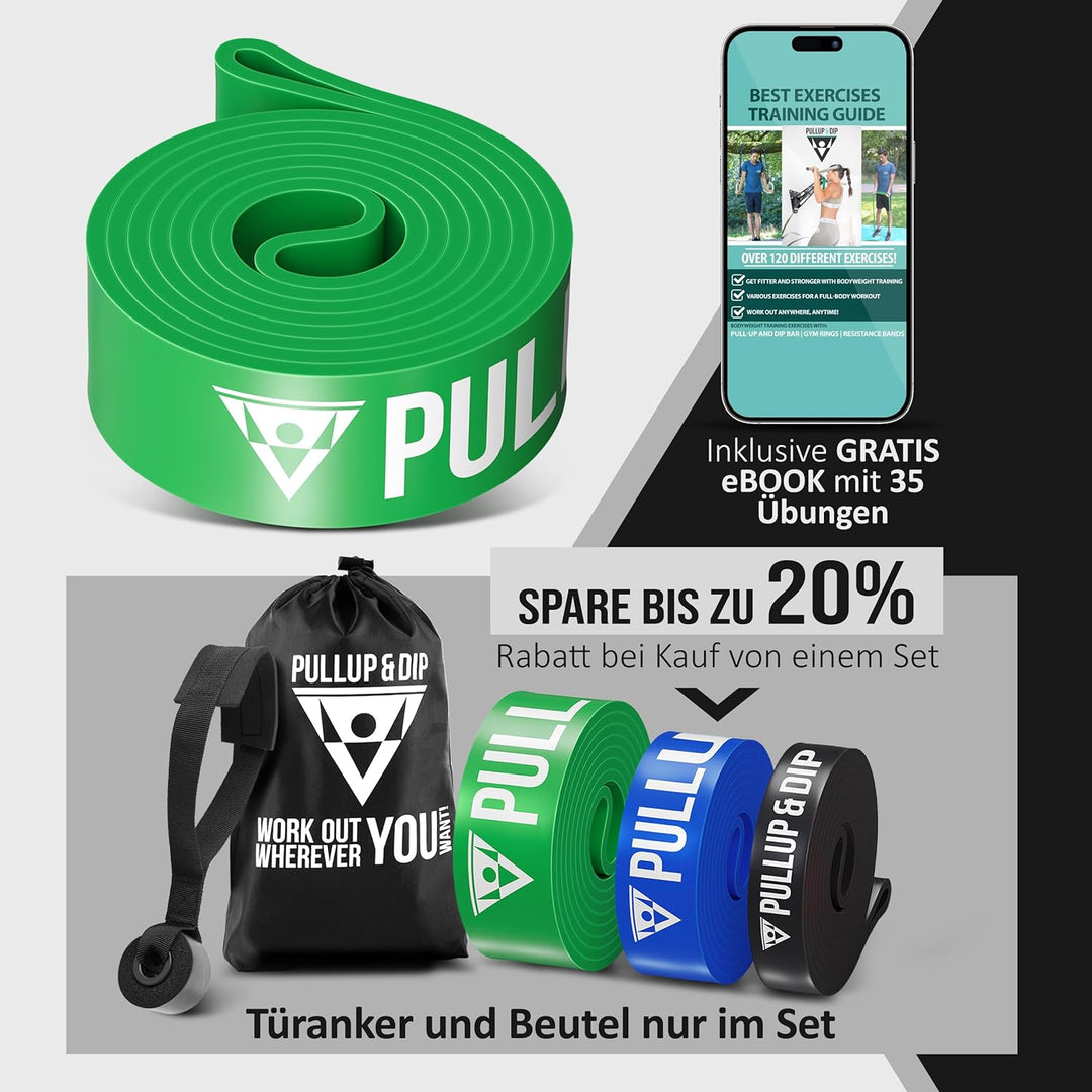 PULLUP & DIP Fitnessbänder Widerstandsbänder mit Tasche, Türanker (bei Sets) und Übungsguide - einze