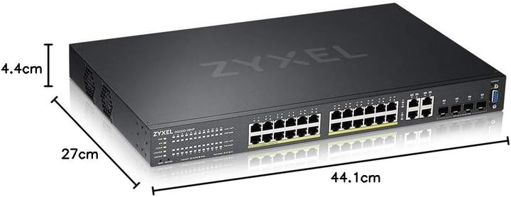 Zyxel Gigabit Ethernet Layer 2 Managed PoE+ Switch mit 24 Ports, einem Budget von 375 W, vier Gigabi