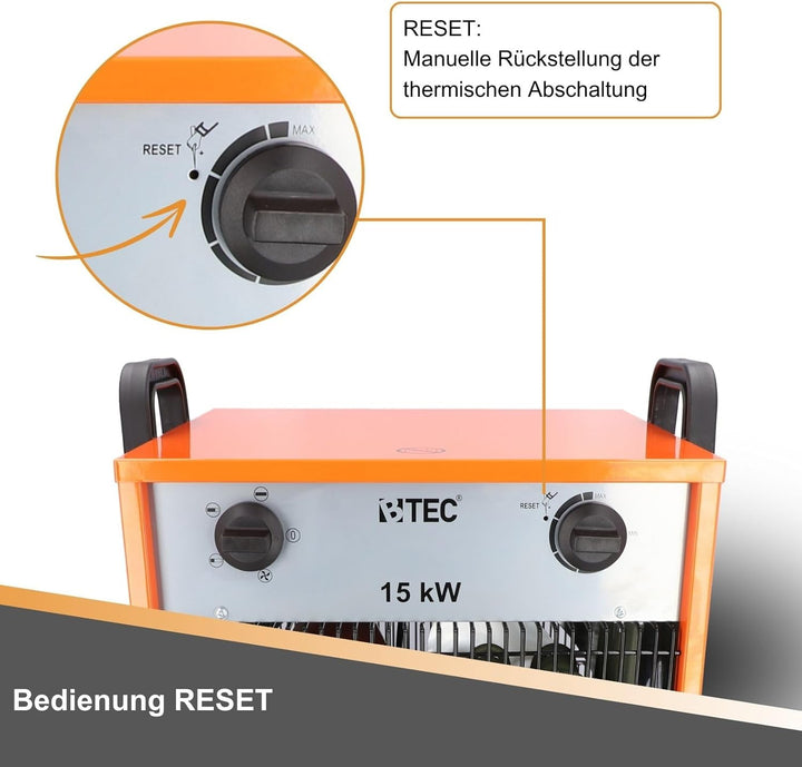 BTEC Heizlüfter 15000 Watt - Elektroheizer - 3 Heizstufen - Frostwächter - Perfekt für Baustelle, We
