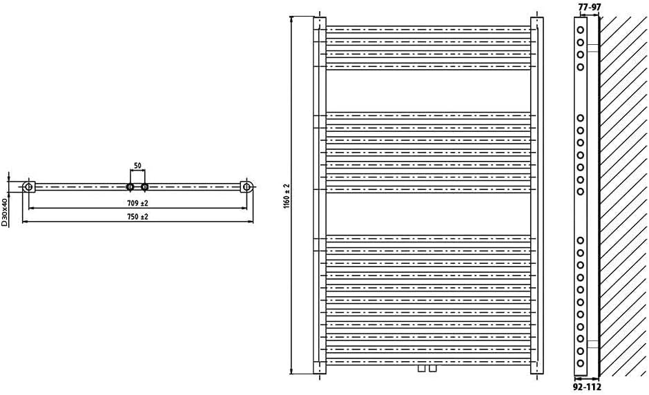 Heizkörper Badheizkörper Handtuchwärmer mit Mittelanschluss 50 mm weiss (1160 x 750 mm) (726 Watt na