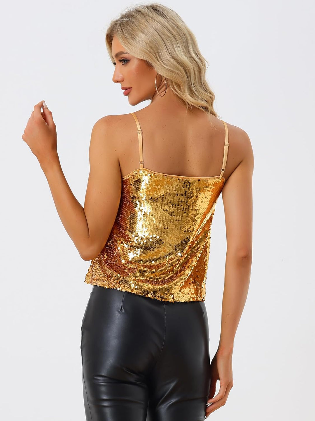 Allegra K Damen Pailletten Oberteil Glitzer Top Spaghetti Party Club Camisole Metallic Festival Shir