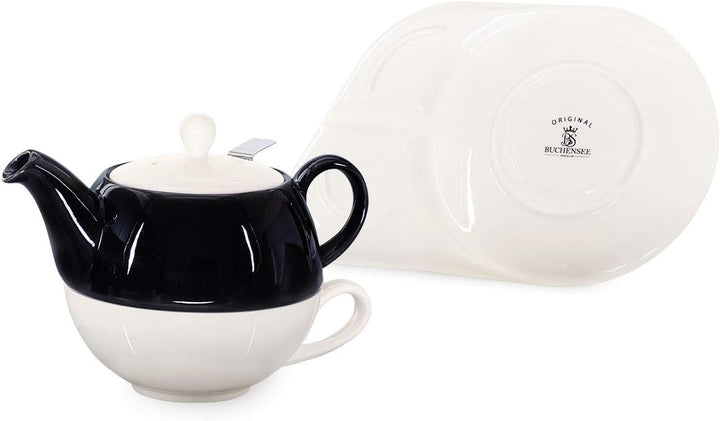 Tea for One mit Sieb Lena 500ml aus Crystal Bone China Porzellan in schwarz-weiss. Teekanne + Teetas
