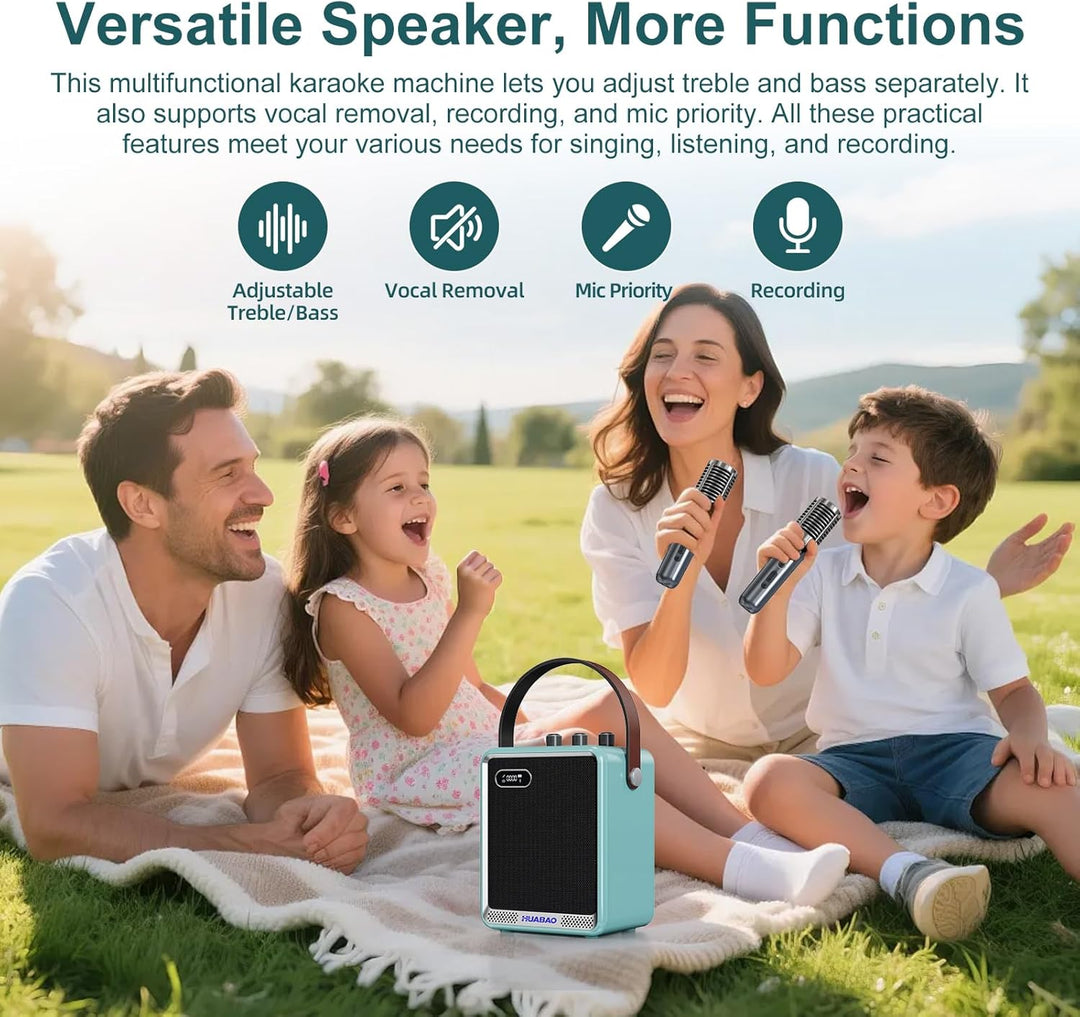 Karaoke-Anlage mit 2 drahtlosen Mikrofonen, tragbarer Bluetooth-Lautsprecher mit Mikrofon, kompakter