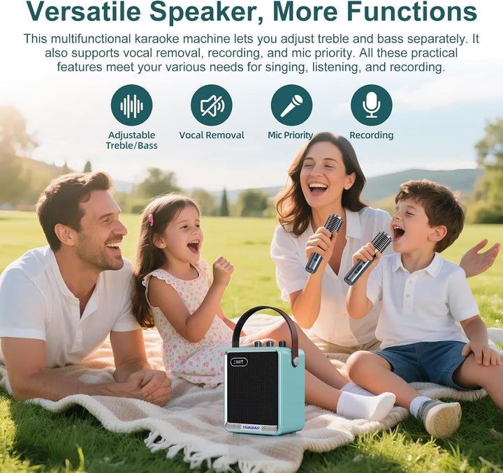 Karaoke-Anlage mit 2 drahtlosen Mikrofonen, tragbarer Bluetooth-Lautsprecher mit Mikrofon, kompakter