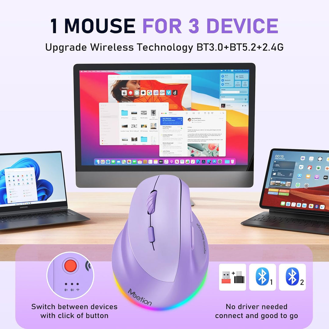 MEETION Linkshänder-Maus, Ergonomisch, Kabellos, Vertikal, RGB für Bluetooth (5.2 + 3.0) und USB-A M