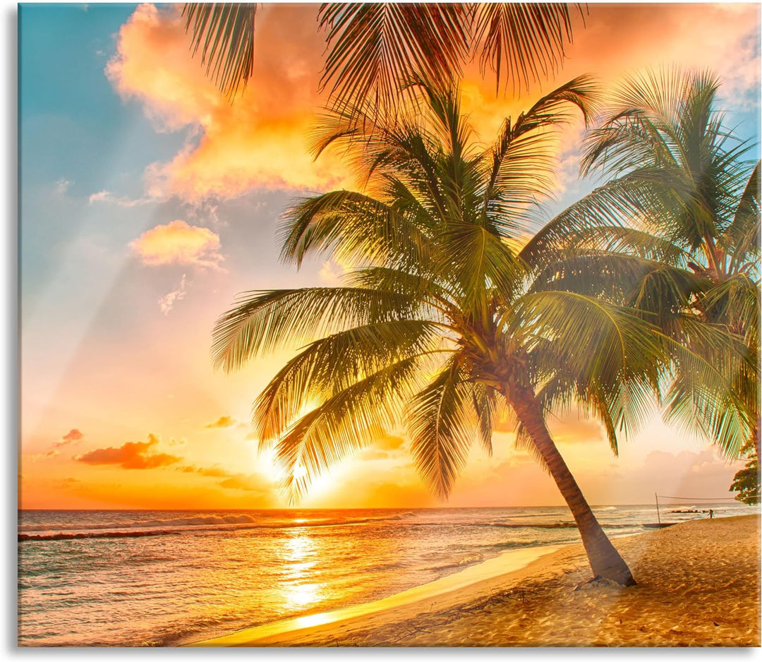 Palmen im Sonnenuntergang auf Barbados Herdabdeckplatte & Spritzschutz aus Echtglas | Für Herd-Kochf