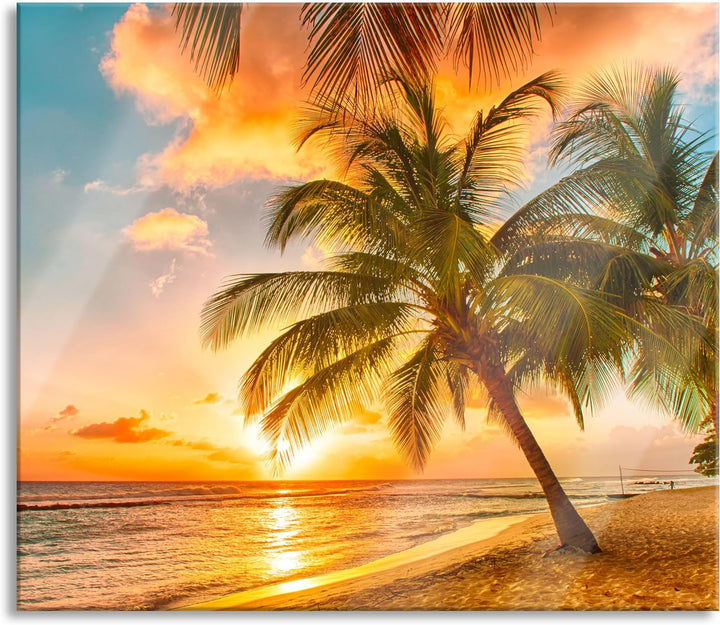 Palmen im Sonnenuntergang auf Barbados Herdabdeckplatte & Spritzschutz aus Echtglas | Für Herd-Kochf