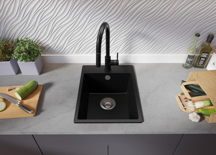 PRIMAGRAN Spülbecken Schwarz 38x50cm, Spülbecken 1 Becken + Küchenarmatur 40x20cm + Ablauf-Set, Küch