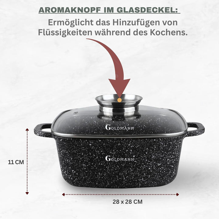Goldmann 28cm Quadratischer Alu-Guss Bräter (6.5L) mit Glasdeckel, Keramik, Induktion, Aromaknopf, P