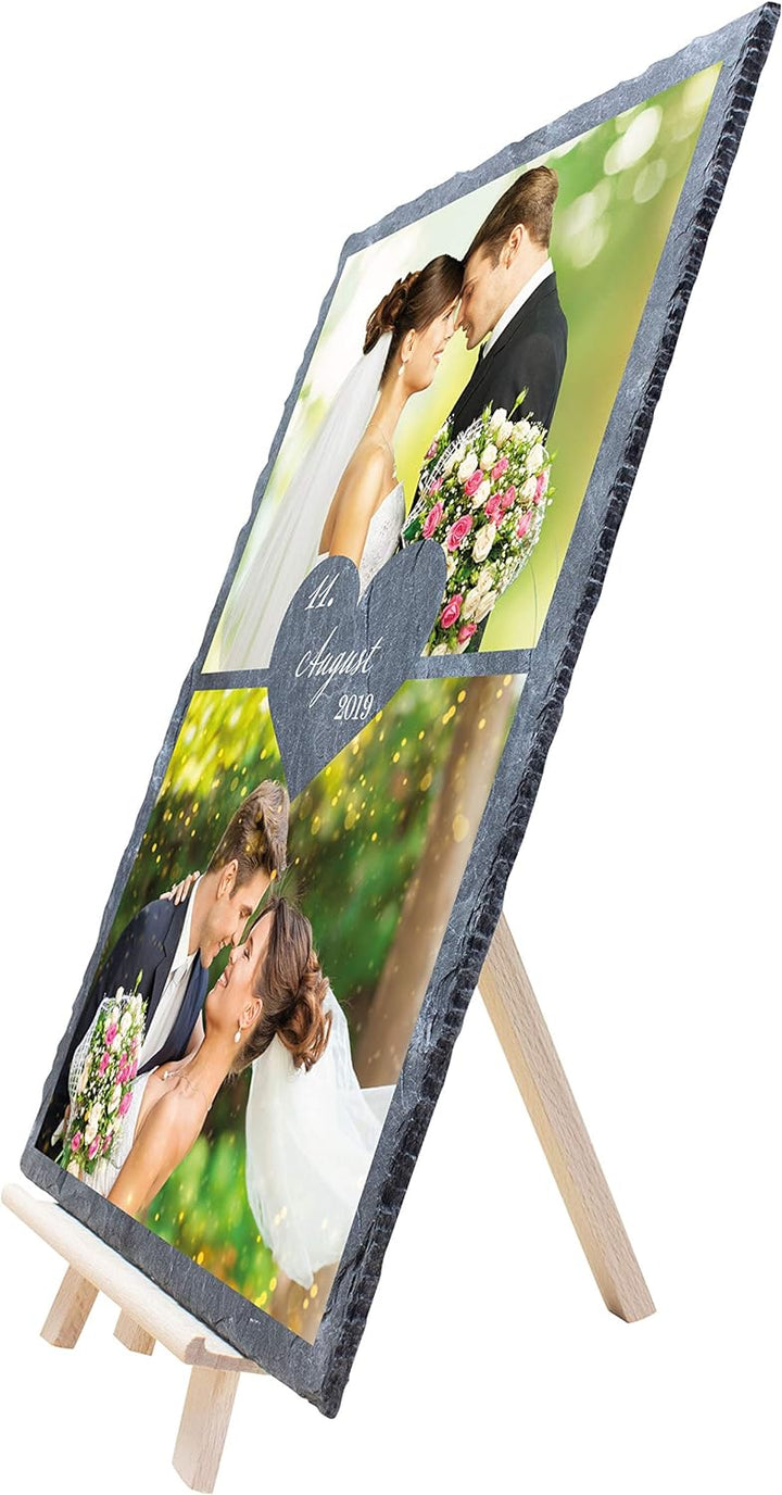 wandmotiv24 Schiefertafel Hochzeit mit Staffelei, Personalisierbar Digitaldruck 2 Farb-Fotos + Datum