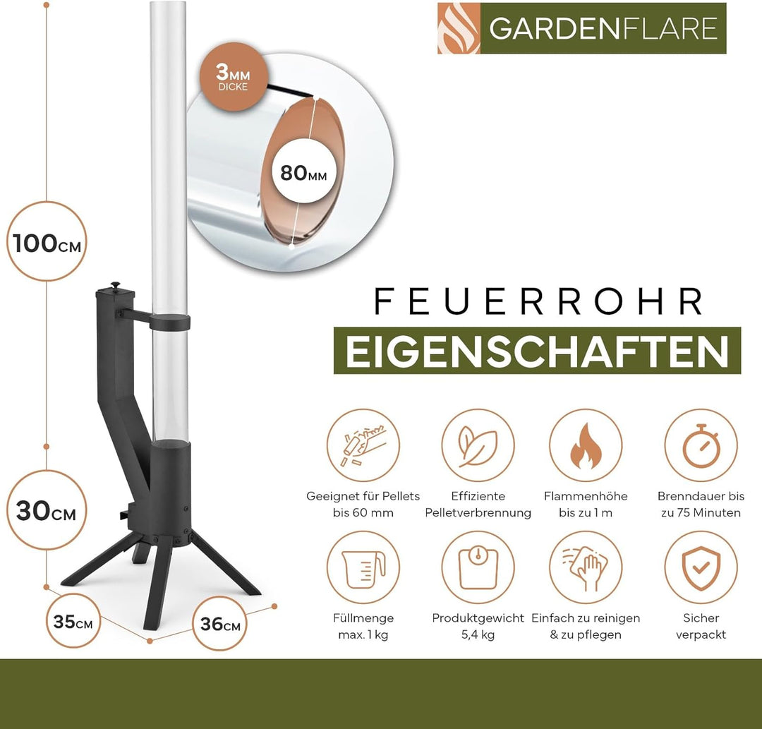 Gardenflare GARDENFLARE Feuerrohr Klassik – Edelstahl Feuersäule und Pelletfackel für Tolles Ambient