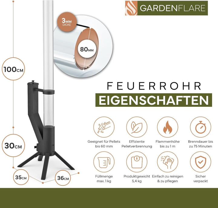 Gardenflare GARDENFLARE Feuerrohr Klassik – Edelstahl Feuersäule und Pelletfackel für Tolles Ambient