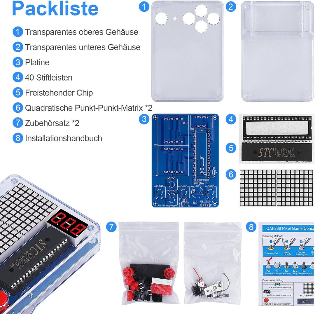 DIY Spielekonsole Löten Bausatz, Elektronik Baukasten DIY Elektronik Lötübungsset mit Acrylgehäuse H