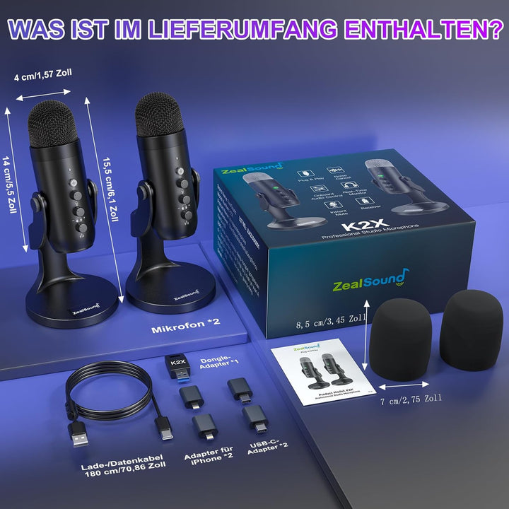 zealsound 2-in-1 Wireless Podcast Mikrofon Kit – Dual 2.4GHz Desktop Mikrofone für PC Mac iPhone PS5
