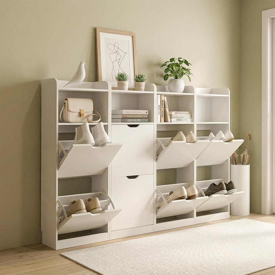 Yaheetech Schuhschrank 4 Klappen, Schuhkipper Schuhregal mit Offenen Fächern, Schuhablage Schmal für