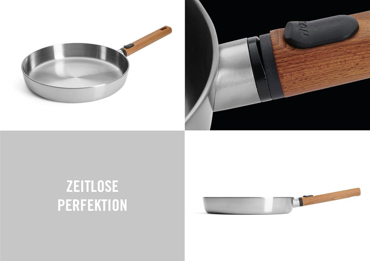 Woll Logic Steel Flachpfanne - Induktiv -, Ø 28 cm, 5 cm hoch mit abnehmbarem nachhaltigem Holzstiel