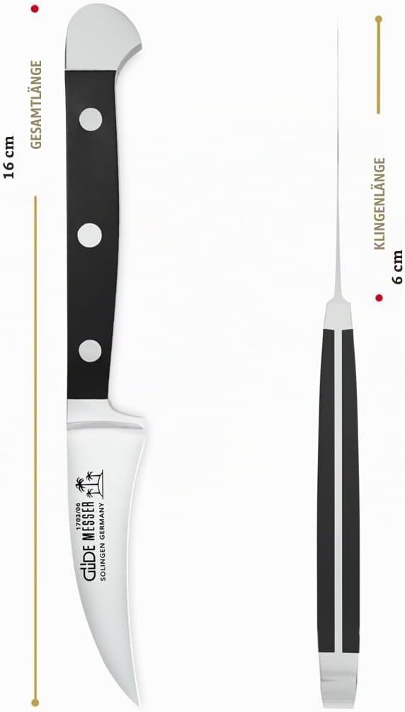 GÜDE Solingen - Schälmesser geschmiedet, 6 cm, POM schwarz, ALPHA, Tourniermesser, Doppelkropf, Hand