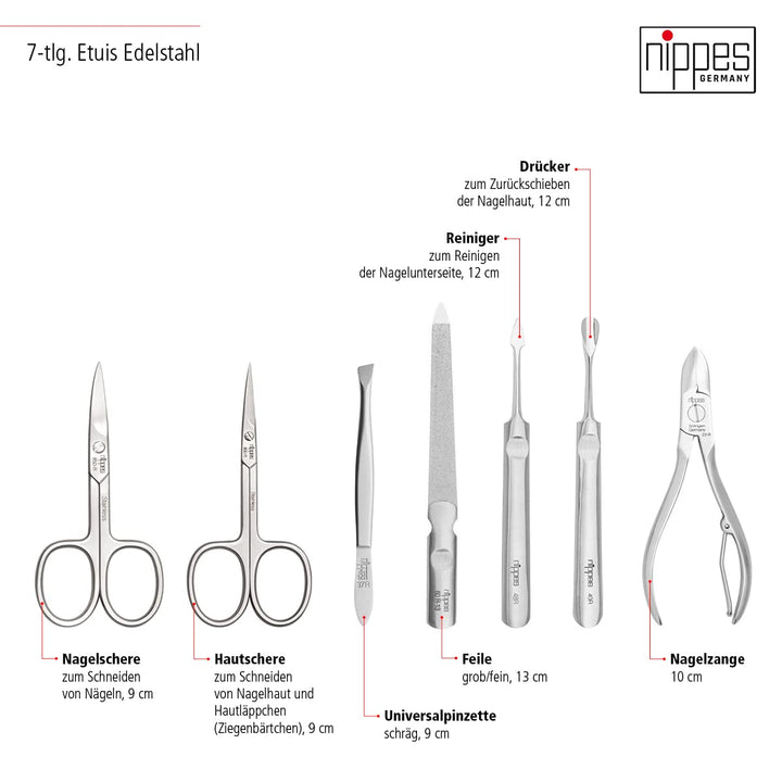 nippes Solingen Premium Line Maniküre Set Karbon, 7-teilig, Edelstahl rost- und nickelfrei, Rindsled