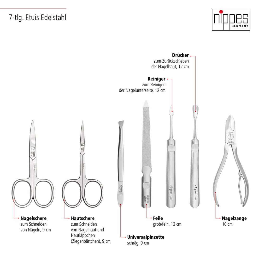 nippes Solingen Premium Line Maniküre Set Karbon, 7-teilig, Edelstahl rost- und nickelfrei, Rindsled