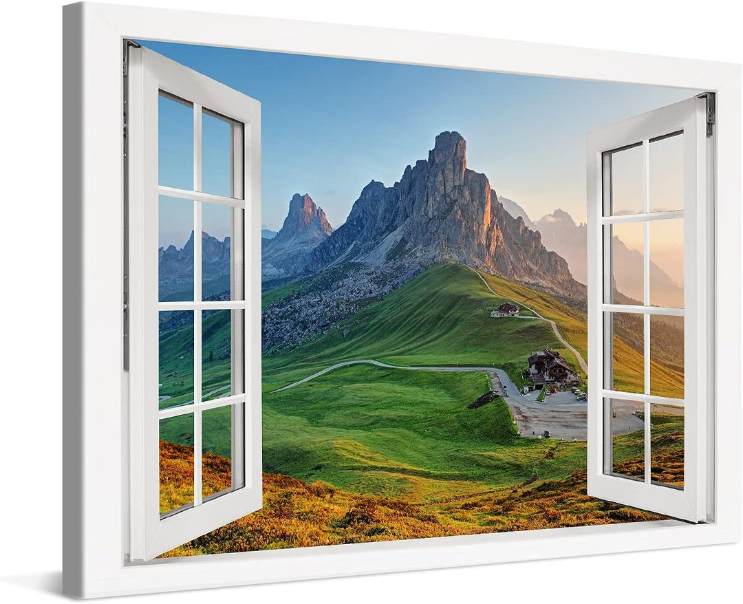 PICANOVA – Bild auf Leinwand Felsiger Berg Fenster 120x80cm Leinwandbild – Premium Leinwanddruck – W